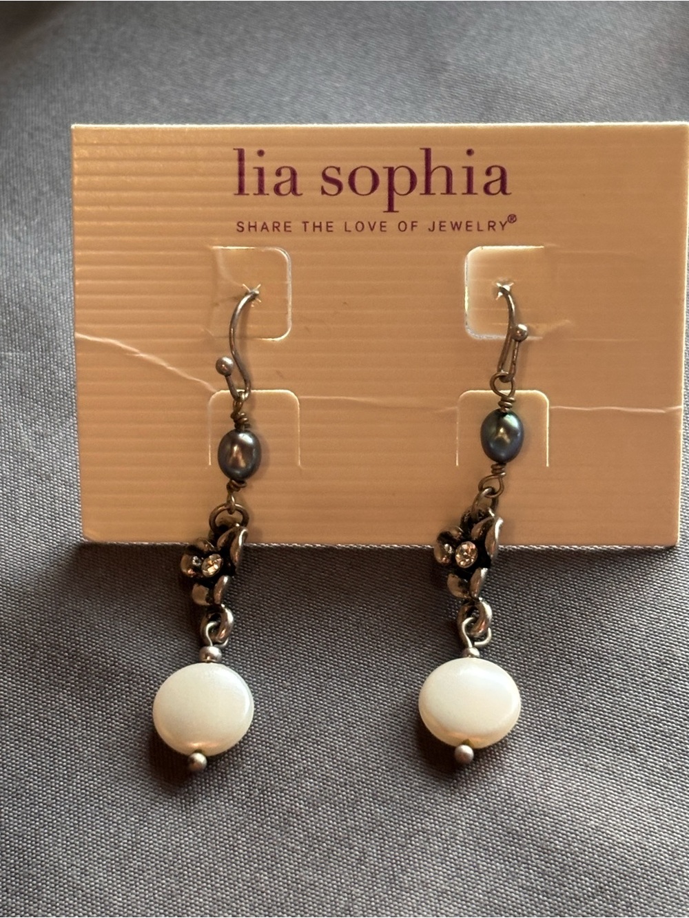 Lia Sophia White and Dark Pearl Floral Drop Earrings